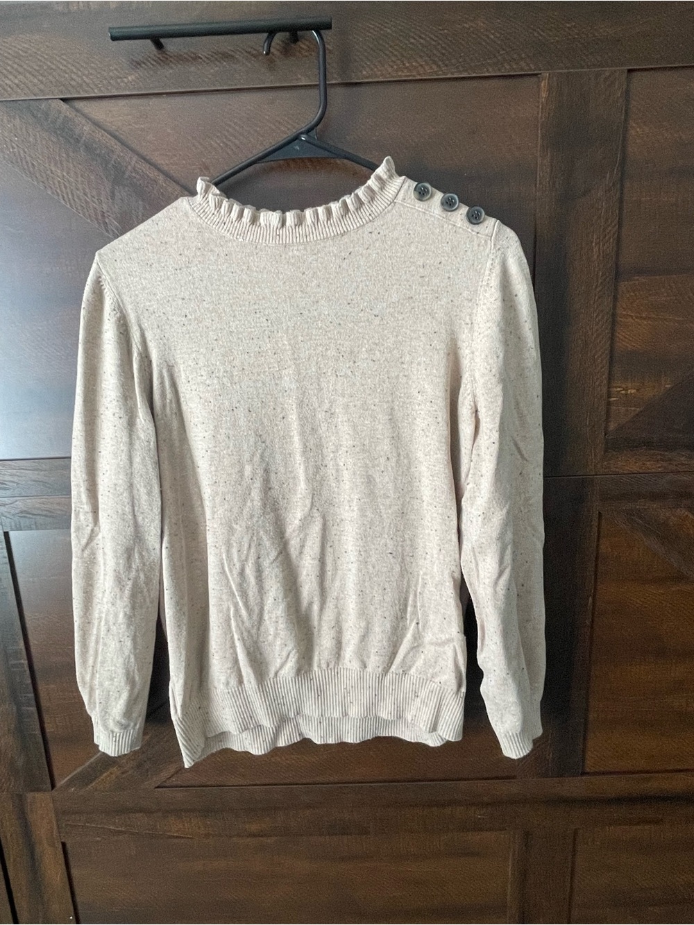 LOFT Beige Speckled Ruffle Mock Neck Sweater with Shoulder Buttons